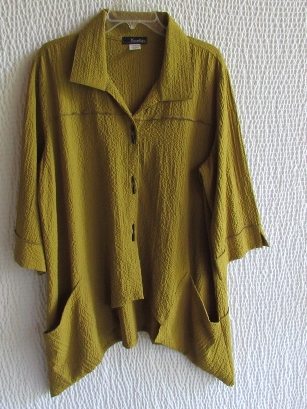 Mustard Green XL Shirt Top Textured Matchstick Button 3/4 Moonlight Made USA